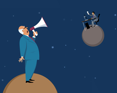 cartoon man standing on planet yelling through a bullhorn